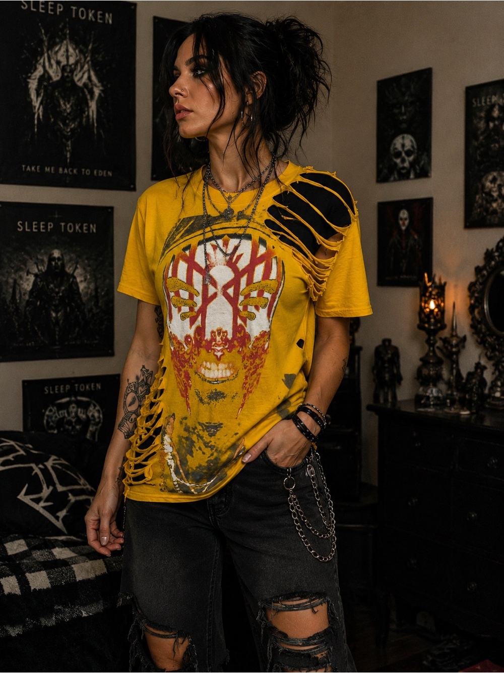 Sleep Token Distressed Graphic Band Tee Yellow Custom Cut NWOT Small